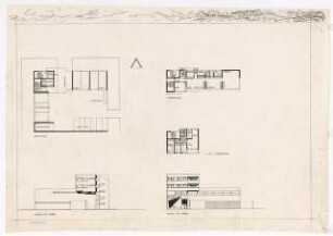 Wohn-Werksiedlung Märkisches Viertel, Berlin-Reinickendorf Gerätehof der Stadtreinigung: Grundriss Erdgeschoss, 1. bis 3.Obergeschoss, Ansicht von Norden 1:100