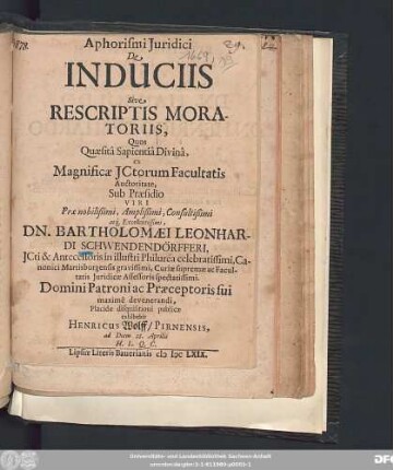 Aphorismi Iuridici De Induciis Sive Rescriptis Moratoriis