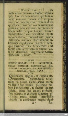 XXVII. Serenissimae Et Potentissimae Dominae Elisabethae Angliae Franciae Et Hyberniae Reginae Ioan. Sturmius