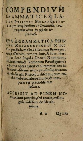 Compendium Grammaticae Latinae Philippi Melanchthonis, Pro incipientibus & Donatistis