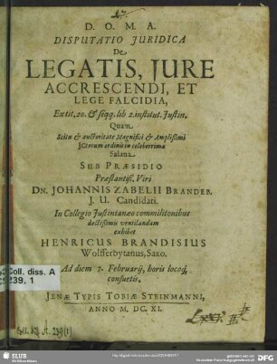 Disputatio iuridica de legatis, iure accrescendi et lege Falcidia