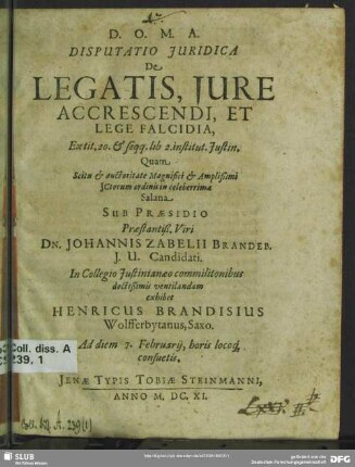 Disputatio iuridica de legatis, iure accrescendi et lege Falcidia
