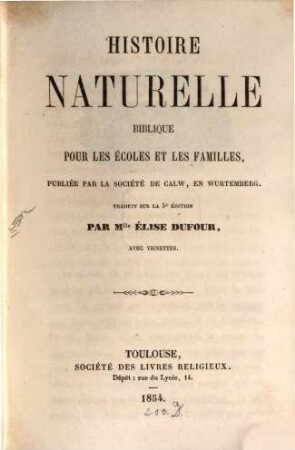 Historie naturelle biblique pour les écoles et les familles, publiée par la Soc. de Calw