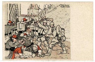 "Der Hias", ein feldgraues Spiel in 3 Akten, aufgeführt von Feldgrauen zu Gunsten des Kriegs-Liebesdienstes. "Sturm auf Schloß Mon Plaisir": Kampf im Graben