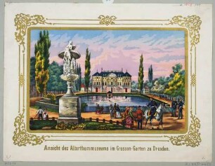 Das Palais im Großen Garten in Dresden von Osten über den Palaisteich, 1841-1945 Sitz des Königlich Sächsischen Altertumsvereins, im Vordergrund die Üppigkeitsvase von Antonio Corradini