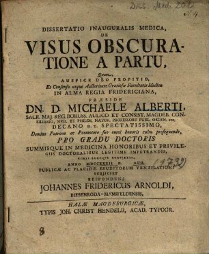 Dissertatio Inauguralis Medica, De Visus Obscuratione A Partu