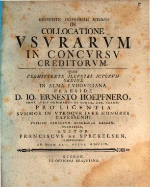 Dissertatio Inavgvralis Ivridica De Collocatione Vsvrarvm In Concvrsv Creditorvm