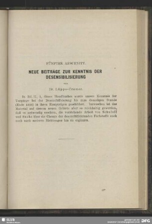 Fünfter Abschnitt - Neue Beiträge zur Kenntnis der Desensibilisierung