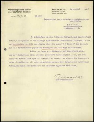 G. Rodenwaldt an Sekretariat DAI Athen