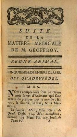Suite De La Matiére Médical De M. Geoffroy. Tome Sixiéme, Regne Animal