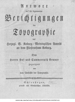 Antwort auf die sogenannten Berichtigungen der Topographie des Herzogl. S. Koburg-Meiningischen Anteils an dem Fürstenthum Koburg
