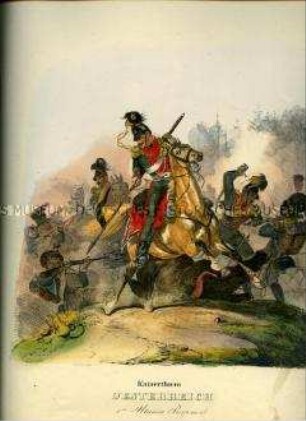 Uniformdarstellung, Ulanen des 1. Ulanen-Regiments im Kampf gegen französische Infanteristen, Kaiserreich Österreich, 1835. Tafel 158 im Buch: Eckert/Monten: Das deutsche Bundesheer.