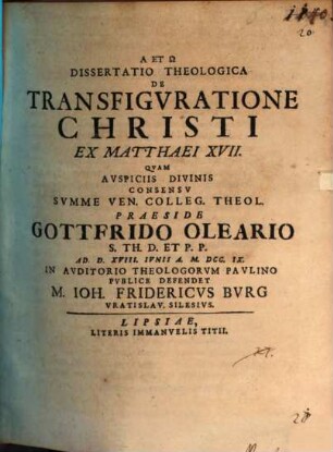Diss. theol. de transfiguratione Christi ex Matthaei XVII