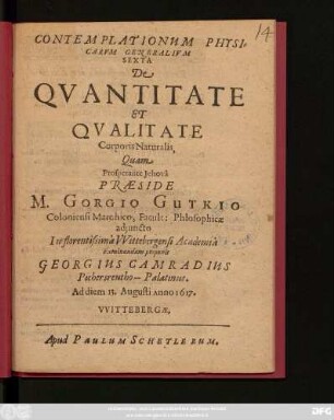 Contemplationum Physicarum Generalium Sexta De Quantitate Et Qualitate Corporis Naturalis
