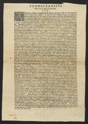 Thomas Lansivs Benevolis & Amicis Lectoribus S. P. D.