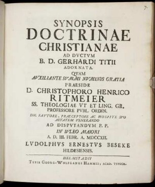 Synopsis Doctrinae Christianae Ad Dvctvm B. D. Gerhardi Titii Adornata