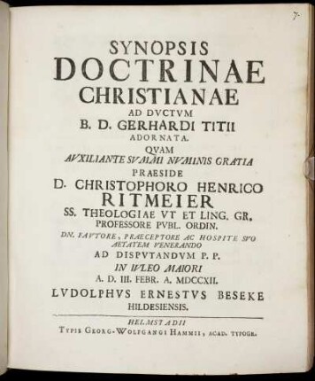 Synopsis Doctrinae Christianae Ad Dvctvm B. D. Gerhardi Titii Adornata
