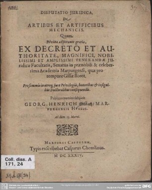Disputatio juridica de artibus et artificibus mechanicis