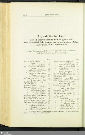 Alphabetische Liste der in diesem Bande neu aufgestellten und hauptsächlich besprochenen Gattungen, Arten, Varietäten und Aberrationen