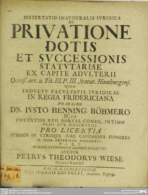 Dissertatio Inauguralis Iuridica De Privatione Dotis Et Successionis Statutariae Ex Capite Adulteri : Occas. art. II. Tit. III. P. III. Statut. Hamburgens.