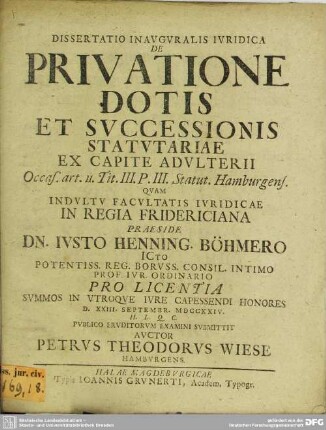 Dissertatio Inauguralis Iuridica De Privatione Dotis Et Successionis Statutariae Ex Capite Adulteri : Occas. art. II. Tit. III. P. III. Statut. Hamburgens.