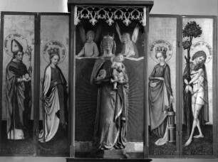 Marienaltar : Marienaltar. Holz, geschnitzt, gefasst (polychrom) (1401/1500). Darsberg (Neckarsteinach), Evangelische Kirche (Ehemals Sankt Sebastian), Chor