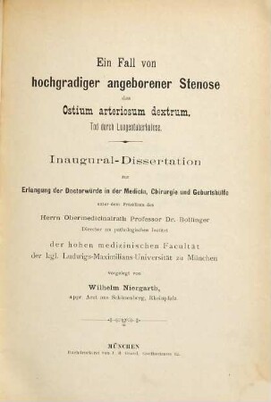 Ein Fall von hochgradiger angeborener Stenose des Ostium arteriosum dextrum : Tod durch Lungentuberkulose. Inaug. Diss.