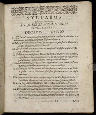 Syllabus Disputationem De Juribus Foeminarum Singularibus.