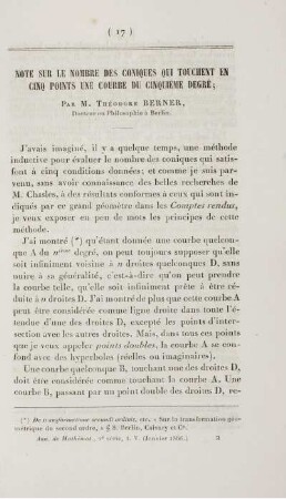 Note sur le nombre des coniques qui touchnent en cinq points une courbe du cinquième degré.