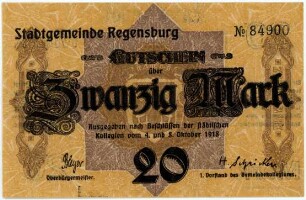Geldschein / Notgeld, 20 Mark, Ausgabe nach den Beschlüssen vom 4. und 8. Oktober 1918