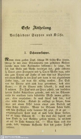 Erste Abtheilung. Verschiedene Suppen und Klöße