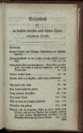 Verzeichniß der in diesem vierten und letzten Theile enthaltenen Stücke
