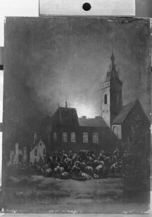 Brennende Ortschaft und lagernde Soldaten