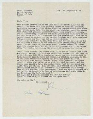 Brief von Raoul Hausmann an Vera Hausmann. Limoges