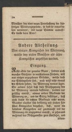 Andere Abtheilung. Von einigen Kennzeichen der Witterung, welche bey vielen Menschen als ächte Kennzeichen angesehen werden