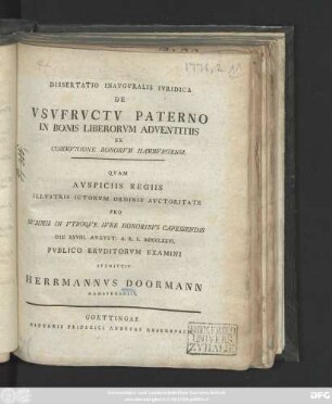 Dissertatio Inavgvralis Ivridica De Vsvfrvctv Paterno In Bonis Liberorvm Adventitiis Ex Commvnione Bonorvm Hambvrgensi