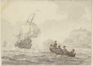 Bewegte See, links segelt ein großes Schiff, rechts ein Ruderboot mit vier Mann