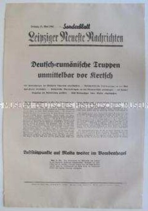 Sonderblatt der "Leipziger Neuesten Nachrichten" u.a. zum Kriegsverlauf auf der Krim und zu Luftangriffen auf Malta