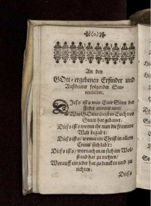An den Gott-ergebenen Erfinder und Außdeuter folgender Sinnenbilder