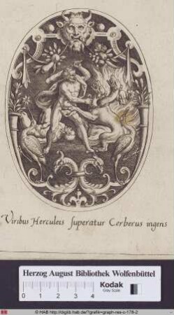 Herkules überwindet den Höllenwächter Cerberus.