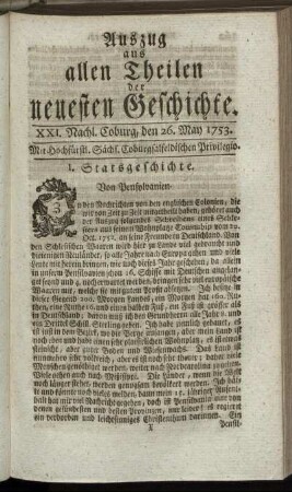 XXI. Nachlese. Coburg, den 26. May. 1753.
