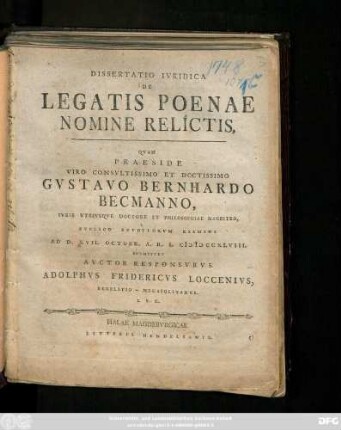 Dissertatio Ivridica De Legatis Poenae Nomine Relictis