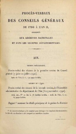 Catalogue des Procès - verbaux des conseils généraux de 1790 à l'an II. conservés aux Archives nationales et dans les archives départementales