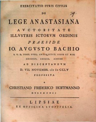 Exercitatio Ivris Civilis De Lege Anastasiana