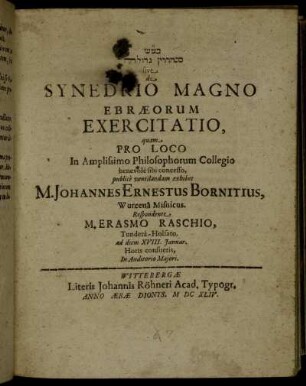 [...] sive de Synedrio Magno Ebraeorum Exercitatio