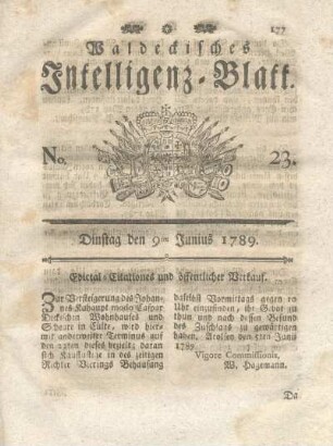 No. 23, Dinstag den 9ten Junius 1789