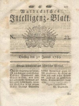 No. 23, Dinstag den 9ten Junius 1789