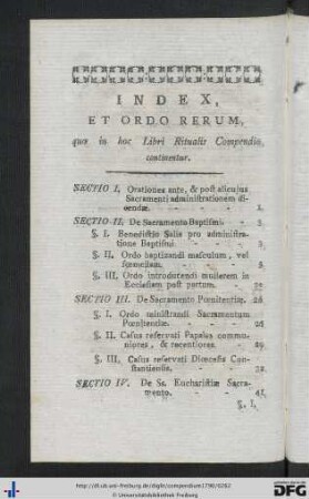 Index Et Ordo Rerum, quae in hoc Libri Ritualis Compendio continentur.