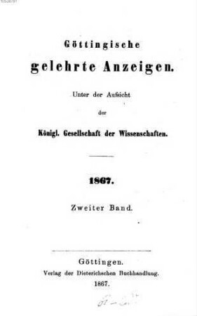 Göttingische gelehrte Anzeigen : unter Aufsicht d. Akademie der Wissenschaften. [129.] 1867, 2