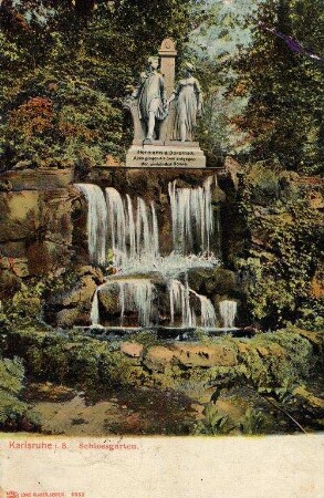 Postkartenalbum mit Motiven von Karlsruhe. "Karlsruhe in Baden. Schlossgarten". Wasserlauf im Schlossgarten